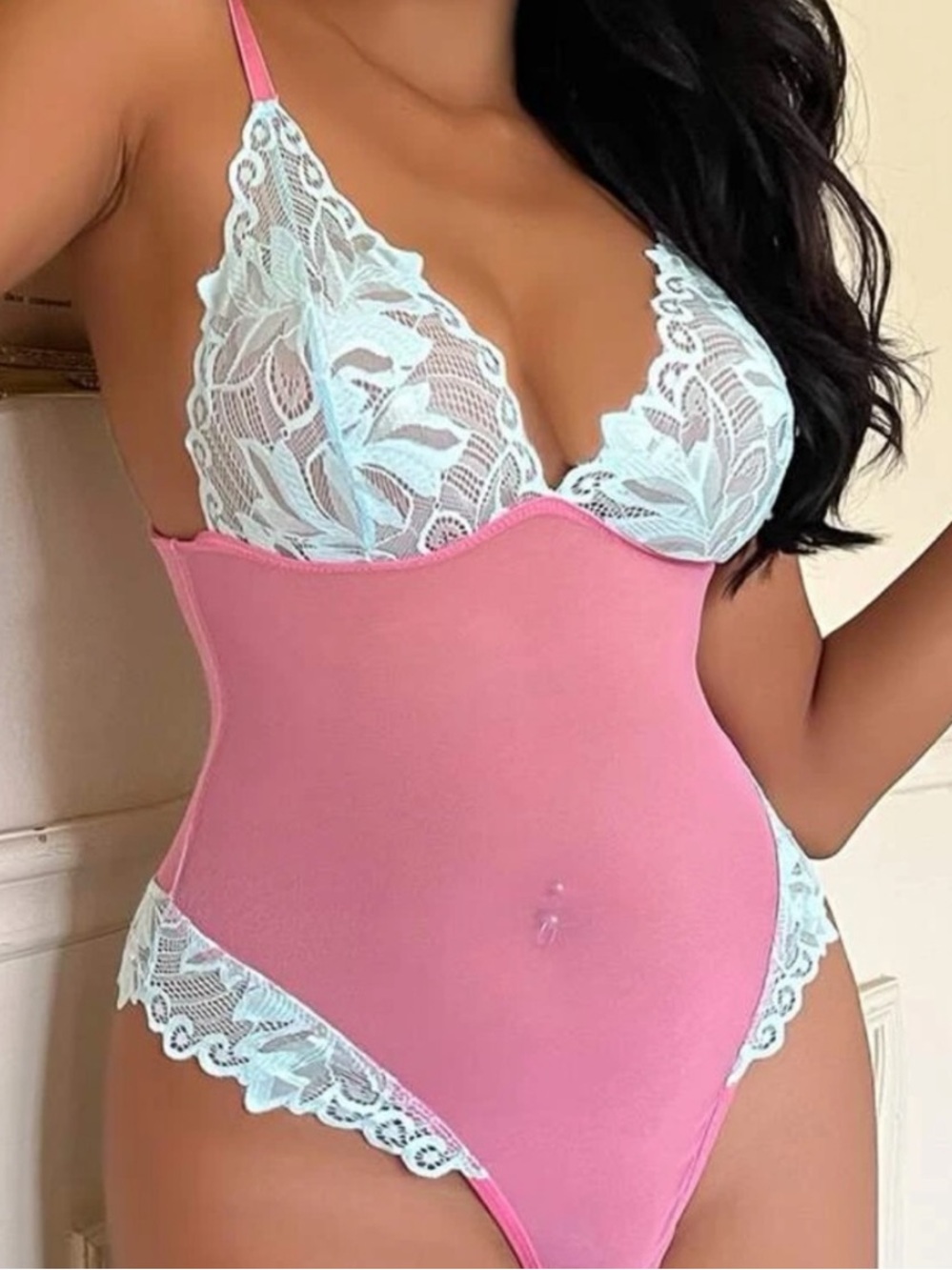 Pink Lace Trim Bodysuit - Women Intimates